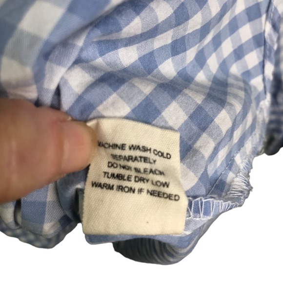 No Comment Blouse Womens Sz M Blue Gingham Check Off The Shoulder Top Sleeve Tie - Picture 9 of 9